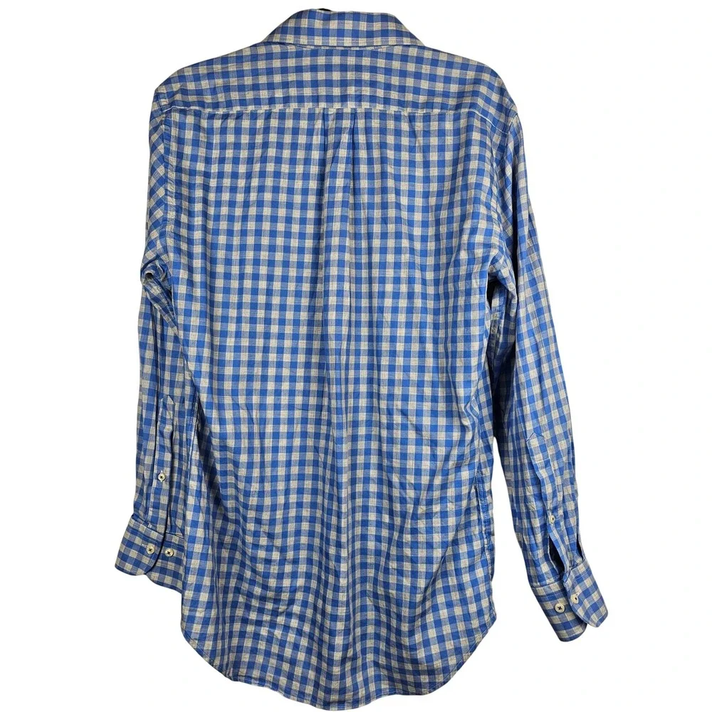 Peter Millar‎ Men's Medium Blue Tan Gingham Cotton Long Sleeve Button Down Shirt